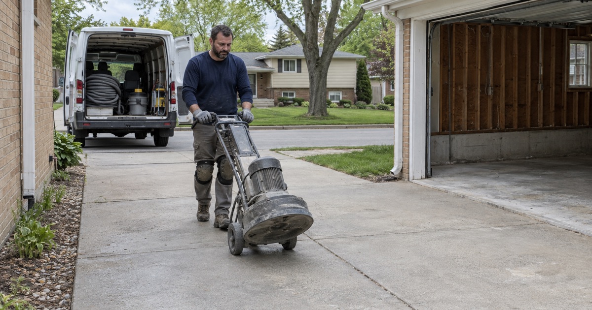 A walk-behind grinder rolled up a Tinley Park side driveway to a detached garage at the start of a floor job.