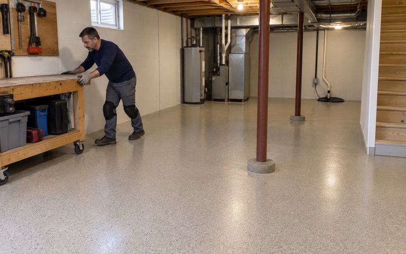 A workbench rolled into place on a newly coated full basement floor in a Tinley Park two-story.