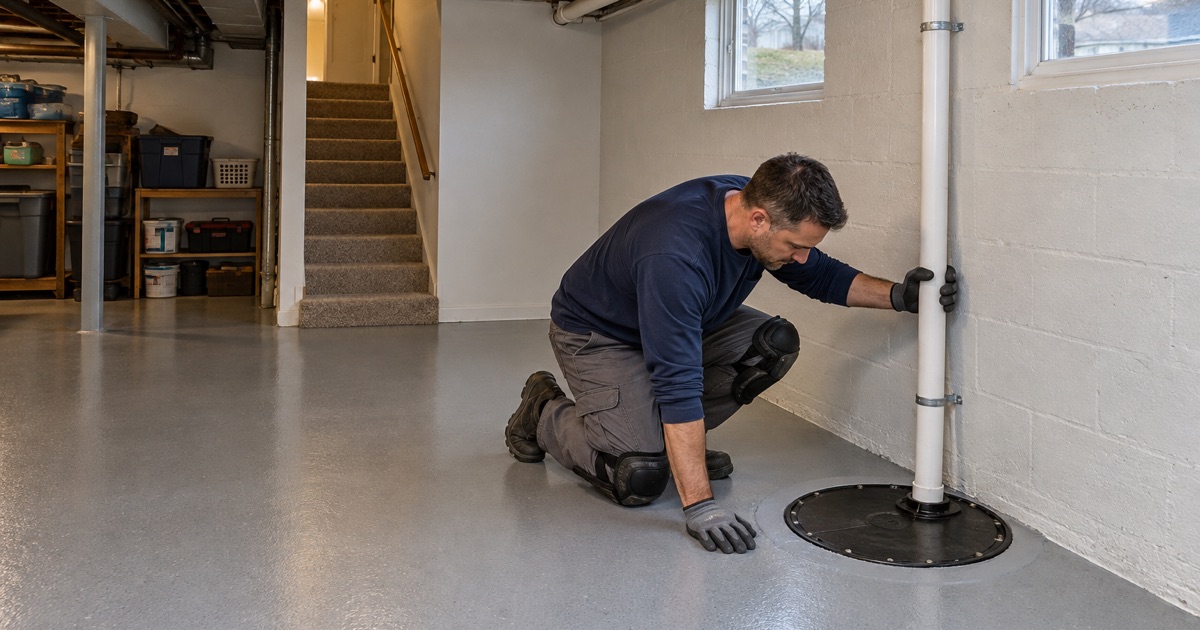 A coated split-level lower level in Tinley Park with the ejector basin’s sealed cover set flush and an overhead sewer line on the wall.