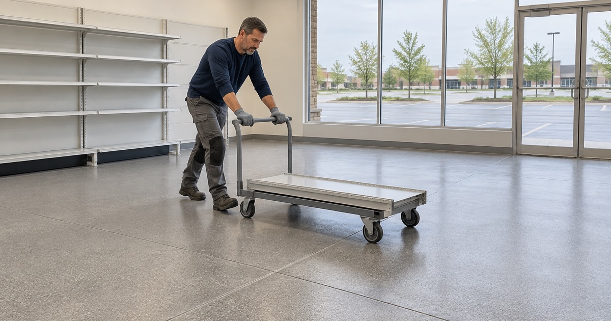 A shelving base rolled onto a new quartz-coated floor in a Tinley Park strip-center tenant suite.