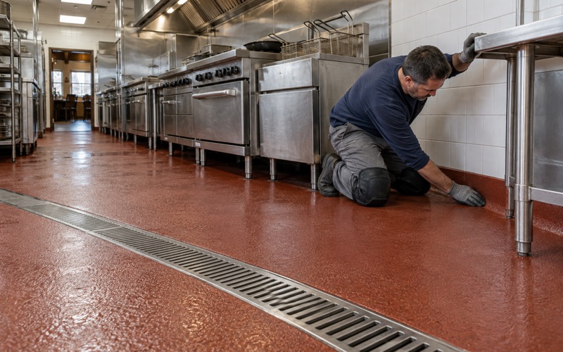 A textured urethane cement floor with an integral cove under the cook line of a Tinley Park restaurant kitchen.