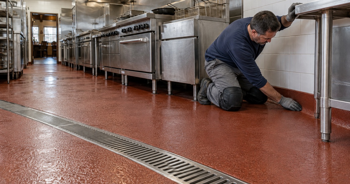 A textured urethane cement floor with an integral cove under the cook line of a Tinley Park restaurant kitchen.