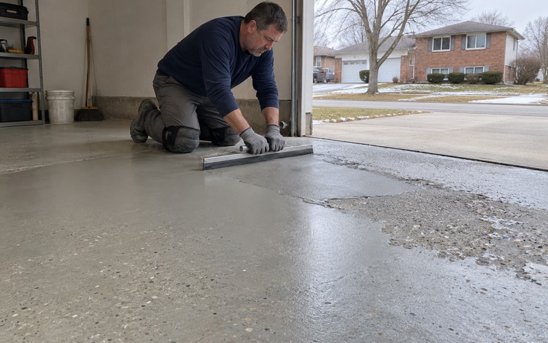 Resurfacer squeegeed across a salt-scaled band at the door of a Tinley Park attached garage before coating.