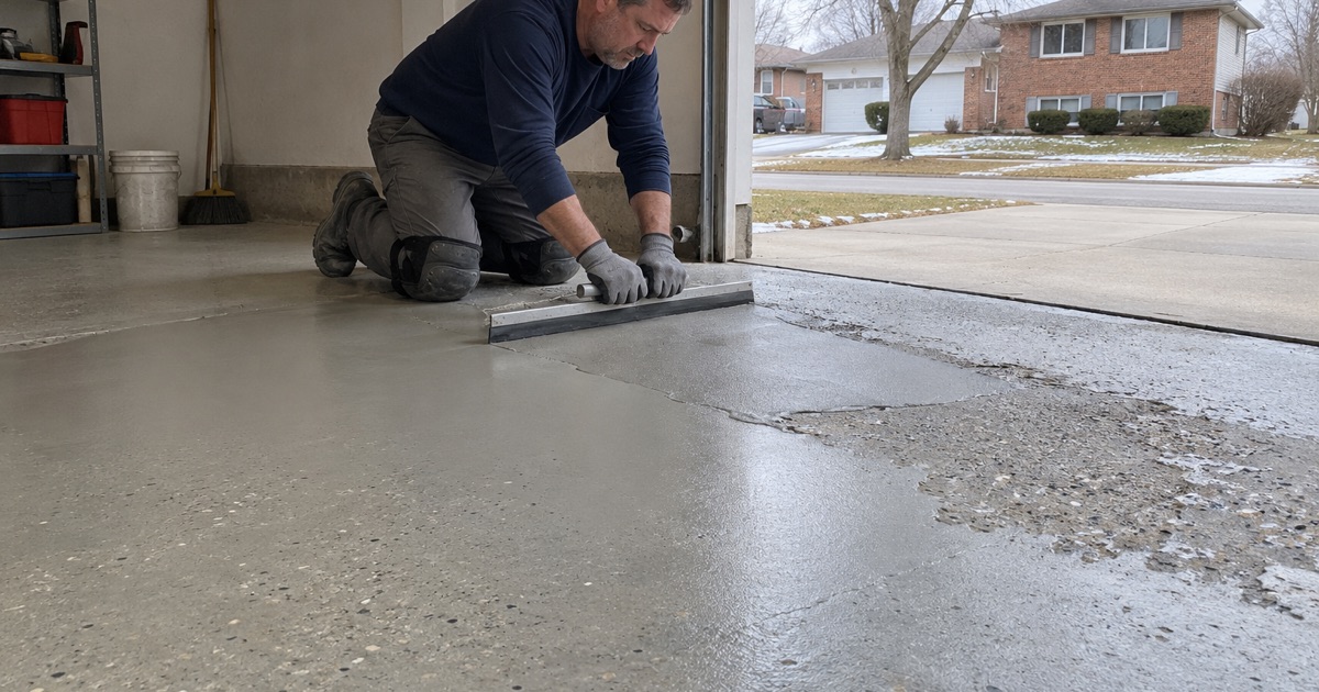 Resurfacer squeegeed across a salt-scaled band at the door of a Tinley Park attached garage before coating.