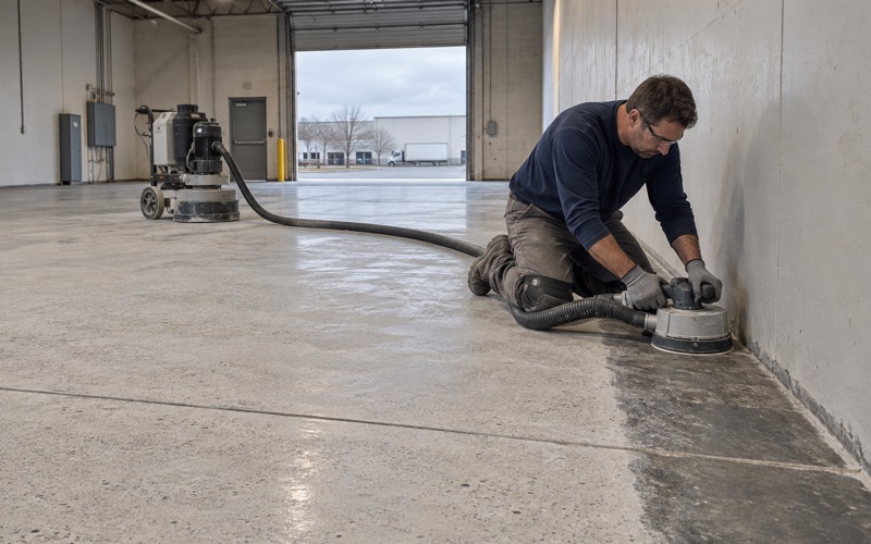 An edge grinder with a vacuum shroud opening up the slab along the wall of a Tinley Park industrial suite.
