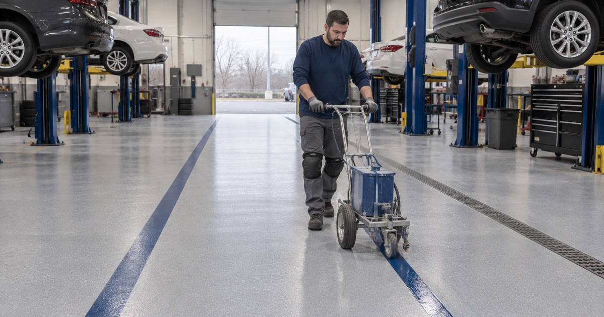 A contrasting egress aisle stripe laid along the coated service bays of a Tinley Park auto dealership.