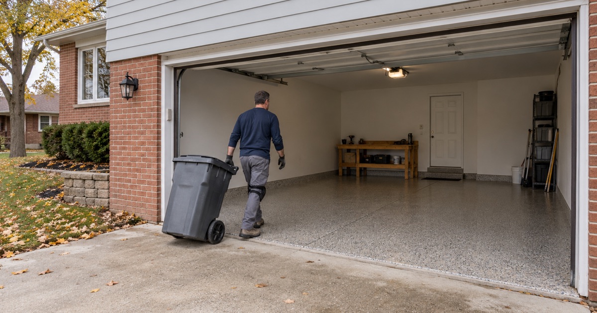 A finished gray, tan and black flake floor in the attached two-car garage of a Tinley Park split-level, a trash cart wheeled back inside.
