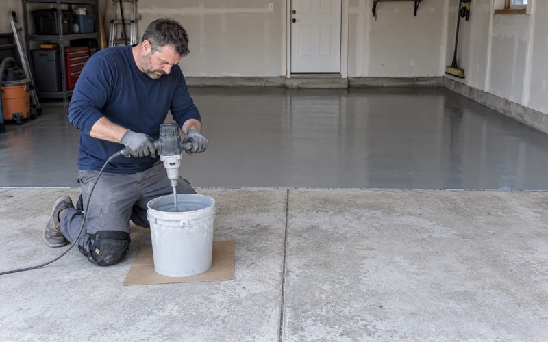 Epoxy base coat being mixed in the attached garage of a Tinley Park two-story, half the ground slab already coated.