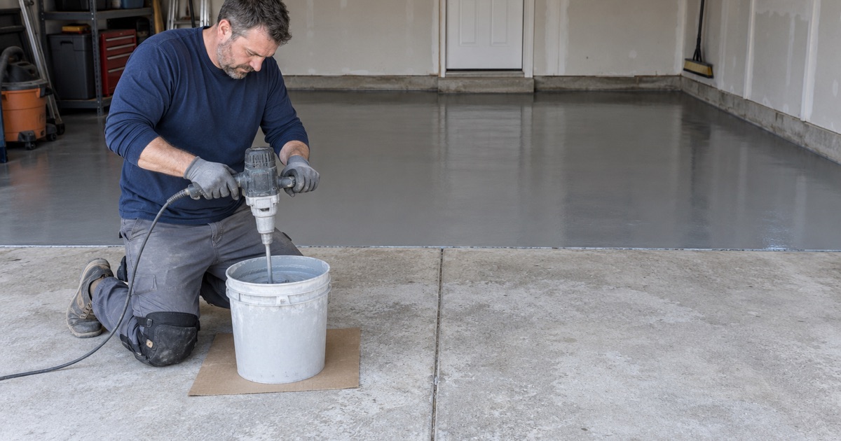Epoxy base coat being mixed in the attached garage of a Tinley Park two-story, half the ground slab already coated.