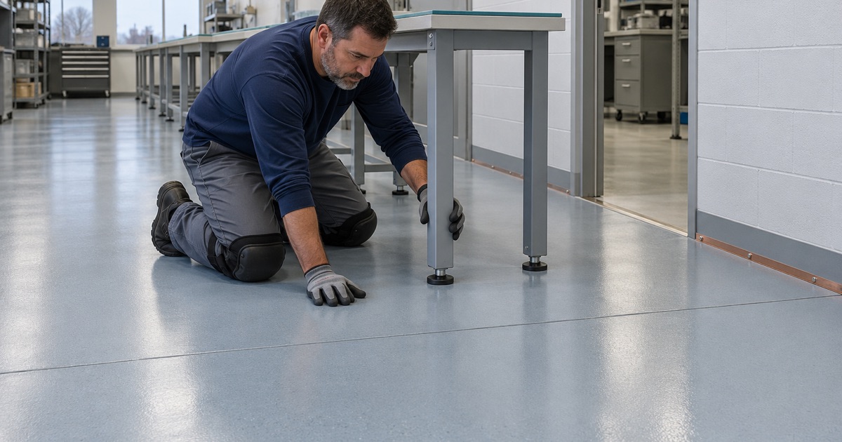 A workbench leveled on a static-dissipative floor in an electronics assembly room near I-80 in Tinley Park.