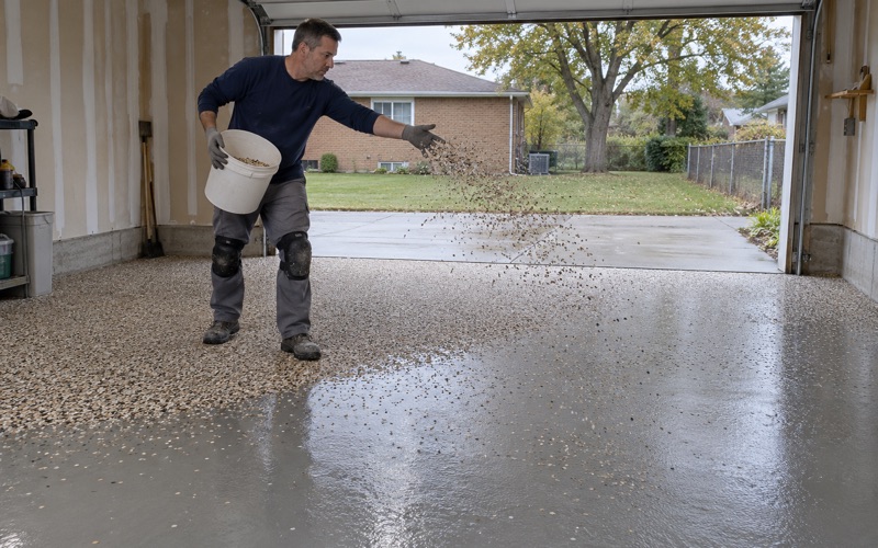 Vinyl chip mid-broadcast over a wet base coat in a detached garage behind a Tinley Park brick ranch.