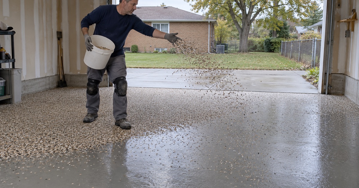 Vinyl chip mid-broadcast over a wet base coat in a detached garage behind a Tinley Park brick ranch.