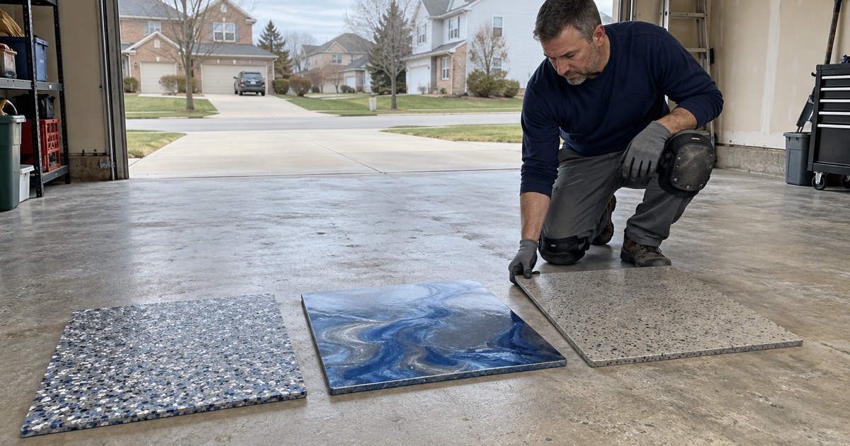 Flake, metallic and polished concrete sample boards laid side by side on a bare garage slab in Tinley Park.