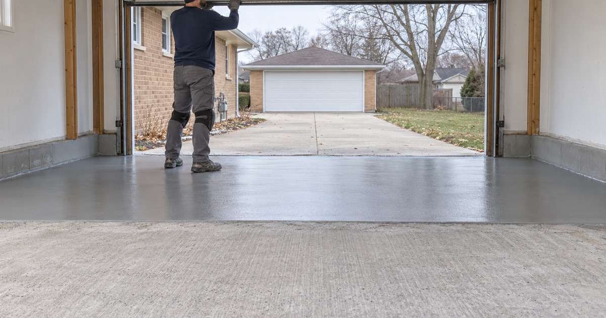A detached two-car garage behind a Tinley Park ranch with its slab half ground and half coated, the overhead door being lowered.