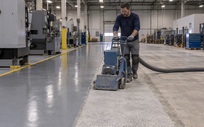 A shot blaster profiling a light manufacturing plant floor near Tinley Park before a high-build epoxy.