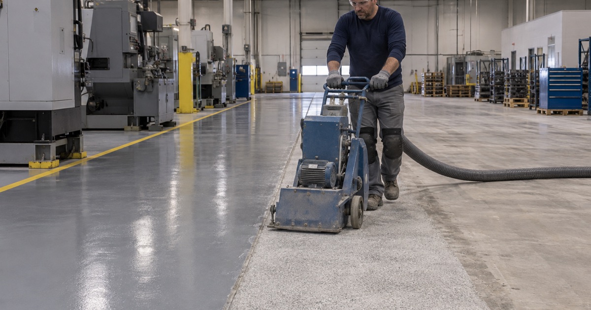 A shot blaster profiling a light manufacturing plant floor near Tinley Park before a high-build epoxy.