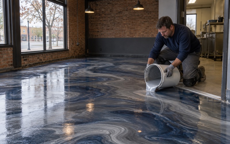 Silver and midnight blue metallic epoxy poured across a coffee shop floor on Oak Park Avenue in Tinley Park.