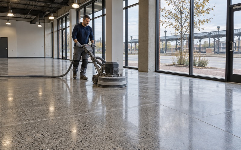A walk-behind polisher bringing up the sheen on a polished concrete retail floor in downtown Tinley Park.