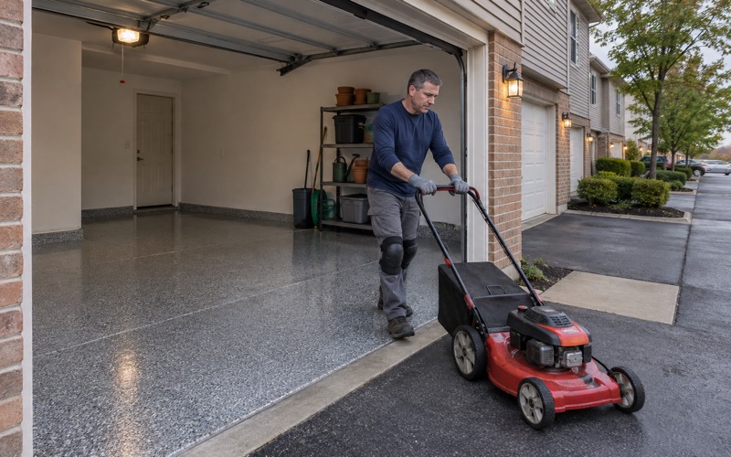 A lawn mower rolled back the same evening onto a new polyaspartic floor in a Tinley Park townhouse garage.