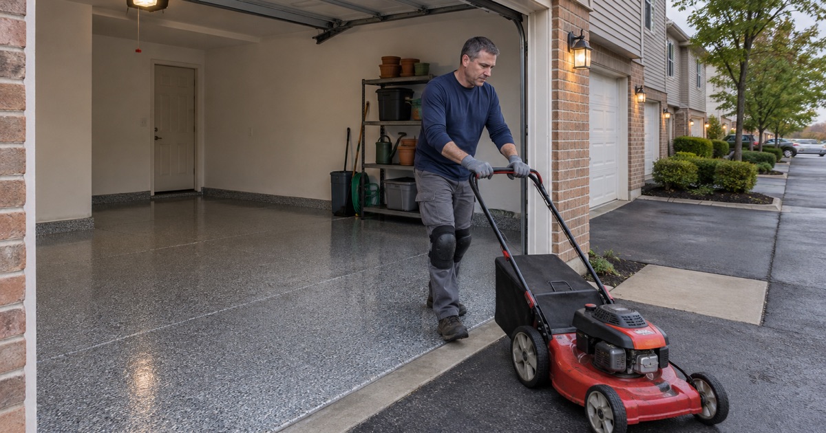 A lawn mower rolled back the same evening onto a new polyaspartic floor in a Tinley Park townhouse garage.